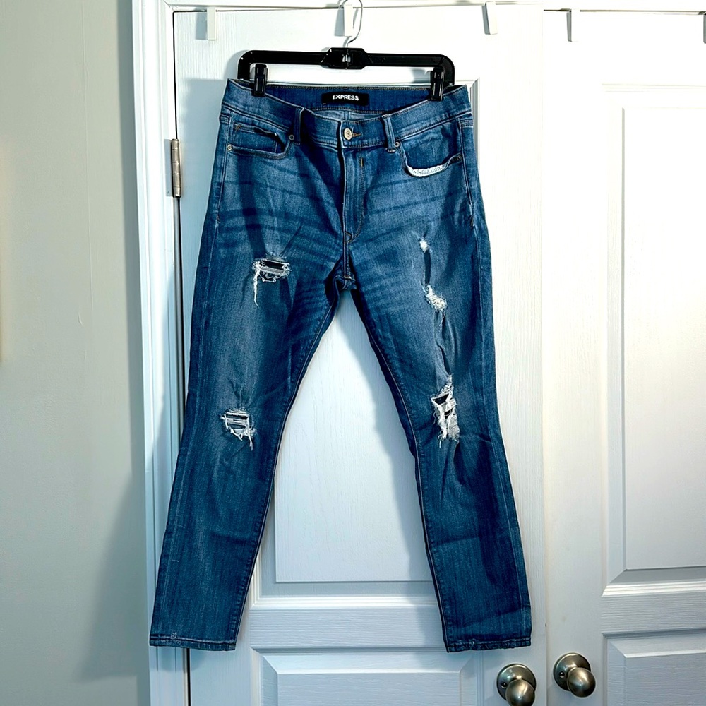 EUC Express Stretch Denim Ankle Legging Mid Rise with Rip Details - Size 12 Reg